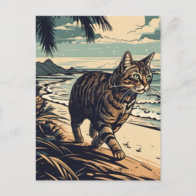Postal American-Shorthair-Cat en una playa tropical (Anverso)