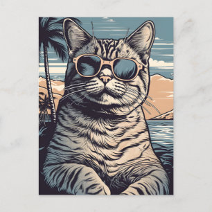 Postal American-Shorthair-Cat en una playa tropical