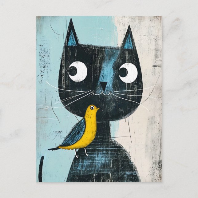 Postal Amigable cómico gato negro con pájaro amarillo (Anverso)