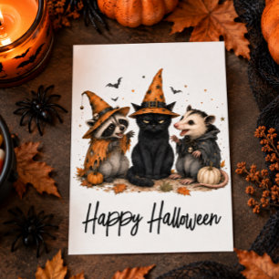Postal Amigos de Halloween Cat Opossum y Mapache