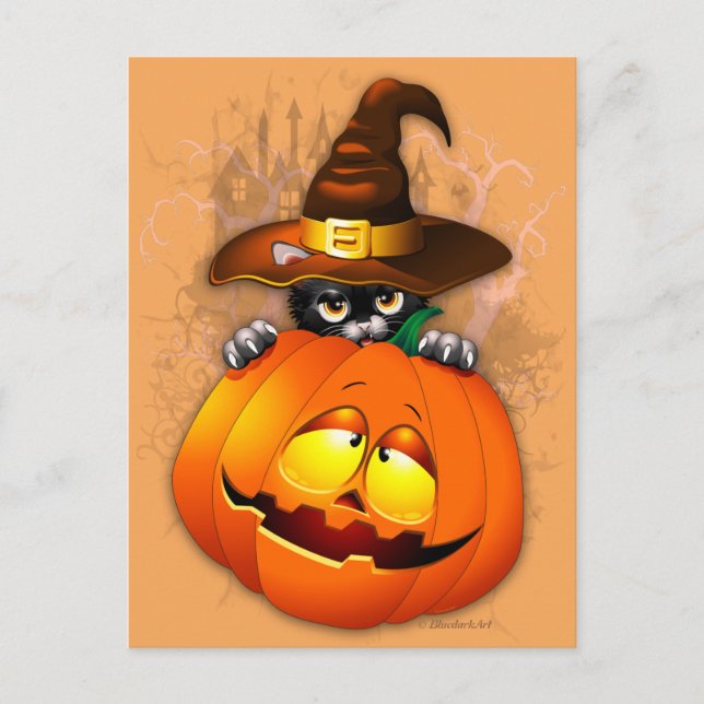 Postal Amigos de Halloween con gatos y calabazas de bruja (Anverso)