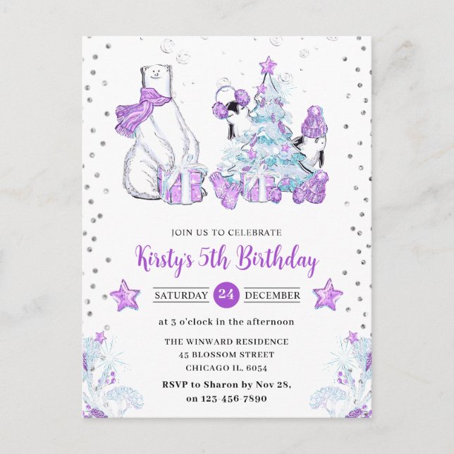 Postal Amigos de Invierno Oso Polar y Pingüinos Cumpleaño (Anverso)