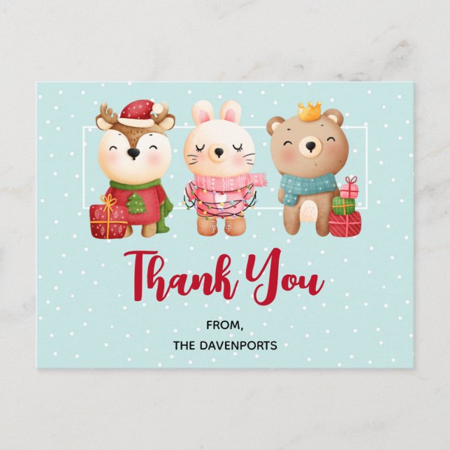 Postal Amigos de Navidad - Oso Reno y Conejo Gracias (Anverso)