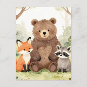 Postal Amigos del bosque lindos oso zorro mapache acuarel