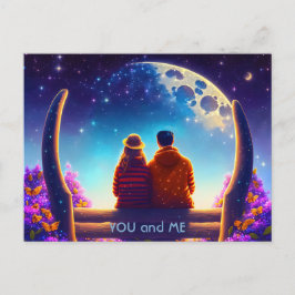 Postal Amigos o amantes en un banco a la luz de la luna