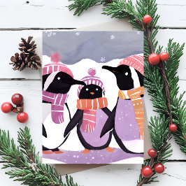 Postal Amigos Pingüinos de Navidad | Acuarela de Invierno