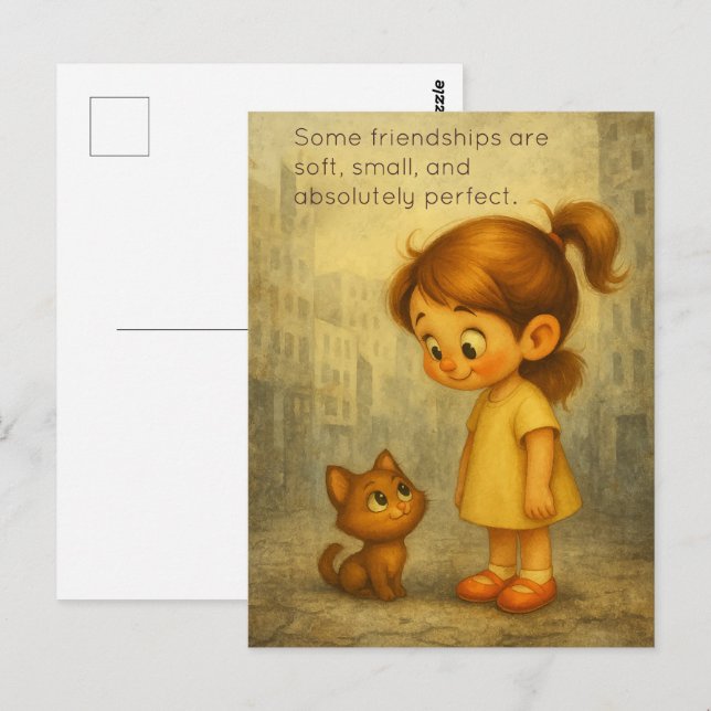 Postal Amistad suave y pequeña - Chica y gato lindo (Anverso / Reverso)