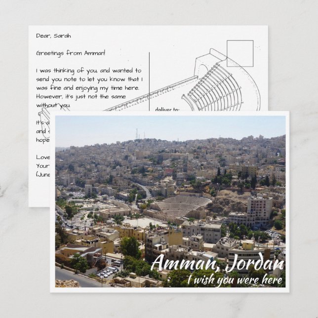 Postal Ammán Jordan con teatro romano desde lejos (Anverso / Reverso)