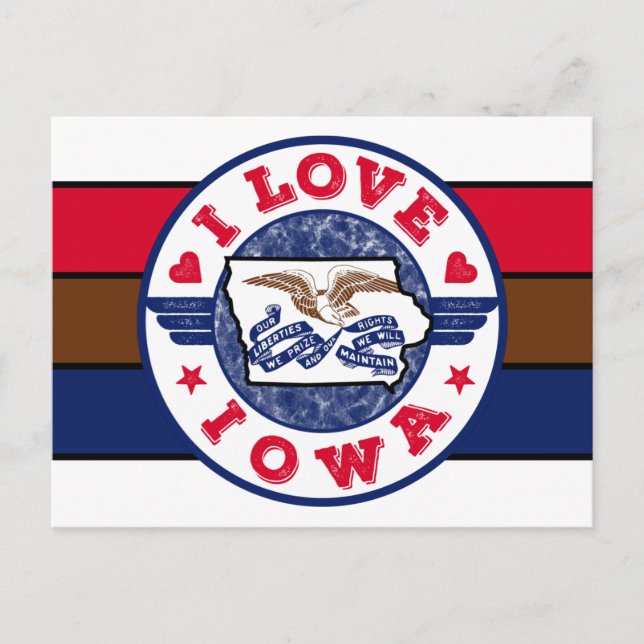 Postal Amo a Iowa Retro stripes Mapa estatal y bandera (Anverso)