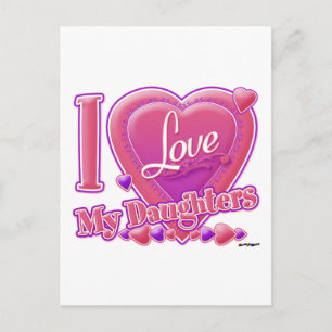 Postal Amo a mis hijas rosadas/violetas - corazón