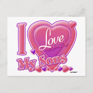 Postal Amo a mis hijos rosados/morados - corazón