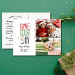 Postal Amo por la paz Alegría por la tipografía moderna 2<br><div class="desc">Envíe vacaciones a los Navidades Cheer con esta célebre postal con sus dos fotos y arte de tipografía que lee Love Peace Joy. El reverso ofrece espacio para una nota mecanografiada o borrar para dejar espacio para una nota manuscrita. Divertido y festivo pero simple y moderno - una carta que...</div>