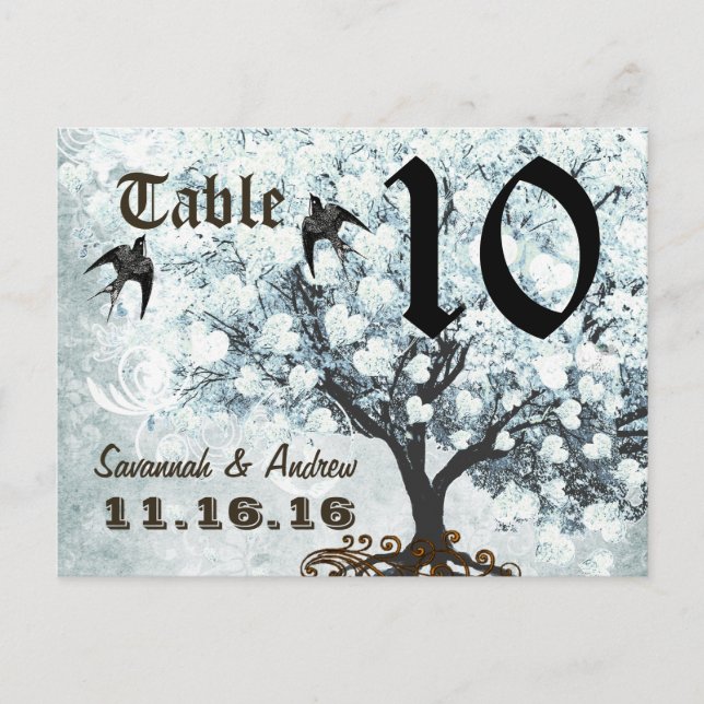 Postal Amor Bird Blue Table Number Heart Leaf Tree (Anverso)
