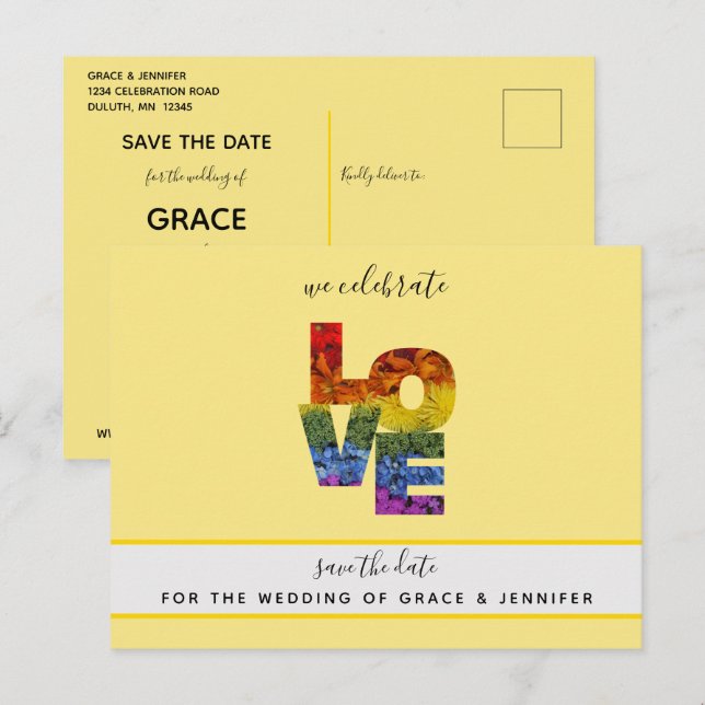 Postal AMOR Boda del mismo sexo con tema amarillo salva l (Anverso / Reverso)