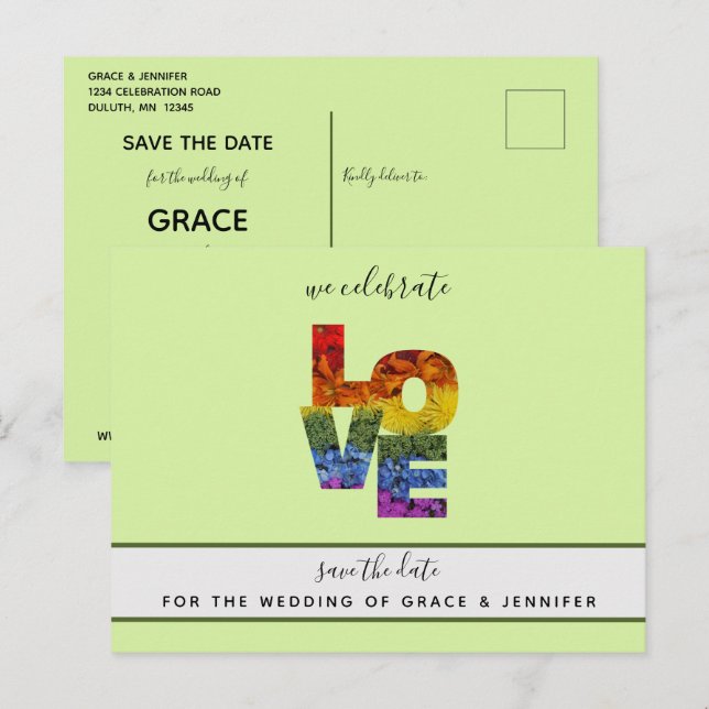 Postal AMOR Boda temática verde del mismo sexo Guardar la (Anverso / Reverso)