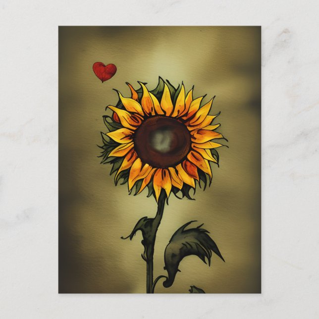 Postal Amor del girasol | Girasol acuarela y corazón (Anverso)