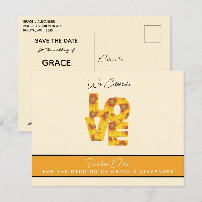 Postal AMOR Elegante Boda de Girasol Guardar la Postc de  (Anverso / Reverso)