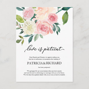 Postal Amor Es Paciente Blush Floral Aplazamiento de Boda