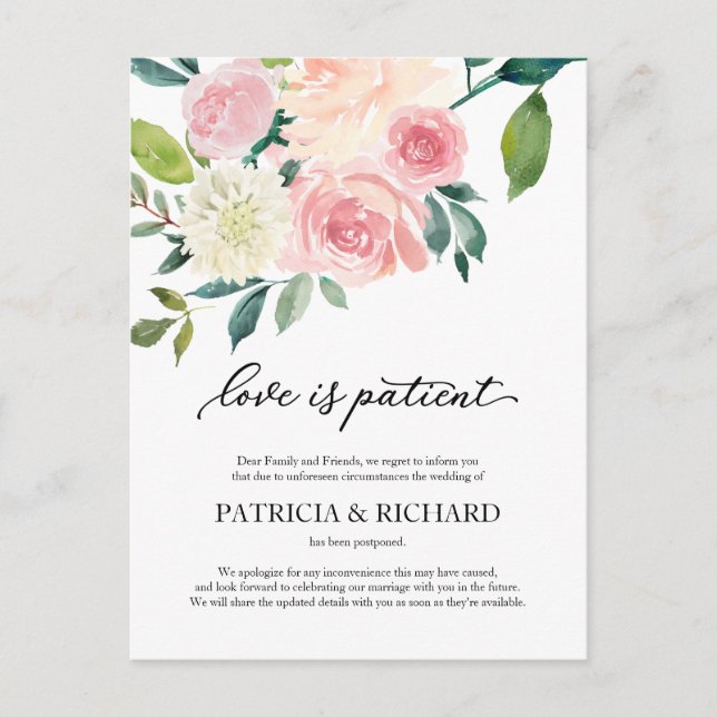 Postal Amor Es Paciente Floral Rosado Aplazamiento de Bod (Anverso)