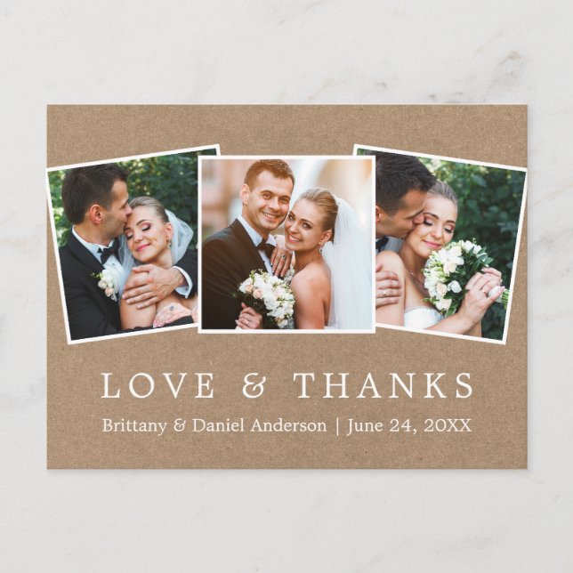 Postal Amor Simple Moderno Gracias Boda 3 Foto Kraft (Anverso)