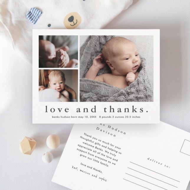 Postal Amor simple y gracias 3 Photo Baby Gracias (Simple love and thanks typography baby photo thank you postcard.)