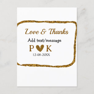 Postal Amor y gracias añaden nombre de pareja boda dorado