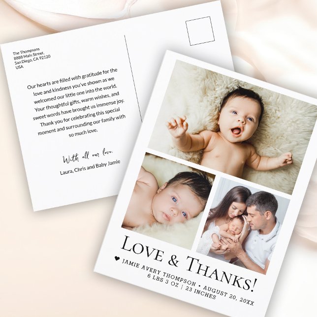 Postal Amor y Gracias Bebé Foto Anuncio de nacimiento (Baby photo grid Love and thanks postcard.)