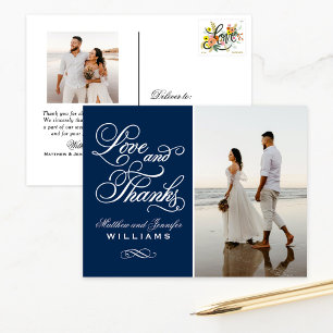 Postal Amor y gracias Boda azul de la Marina. Gracias.