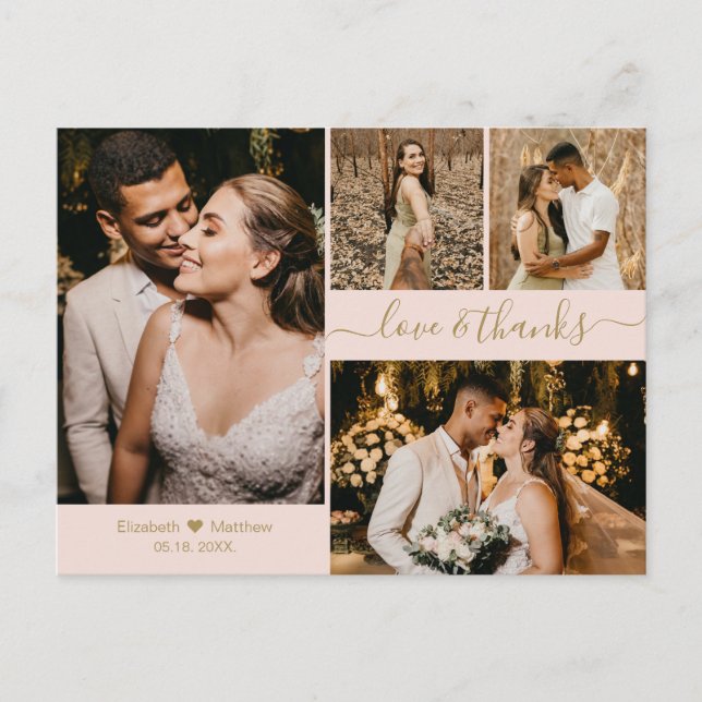 Postal Amor y gracias Boda Rosa y Oro Gracias (Anverso)