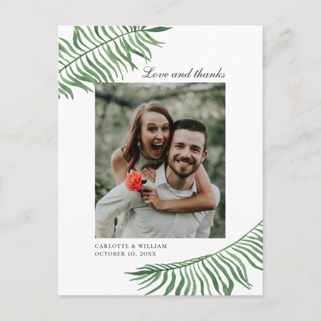 Postal Amor y gracias. Hojas tropicales boda gracias (Anverso)