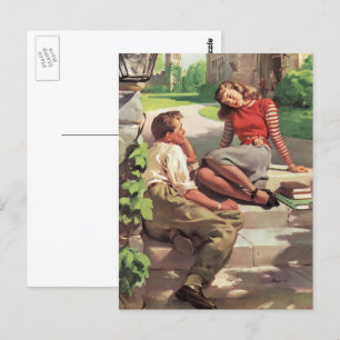 Postal Amor y romance vintage, enamorados de la escuela s