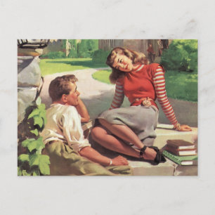 Postal Amor y romance vintage, novios en secundaria