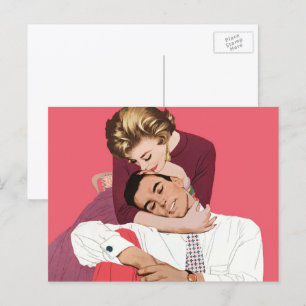 Postal Amor y romance vintage, recién casados en rosa