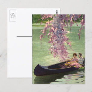 Postal Amor y romance vintage, romántico paseo en canoa