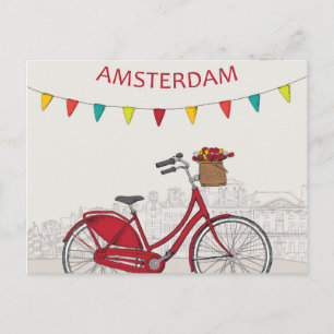 Postal Ámsterdam, bicicleta roja en la calle, ilustración