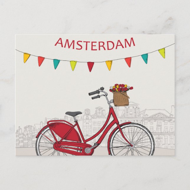 Postal Ámsterdam, bicicleta roja en la calle, ilustracion (Anverso)