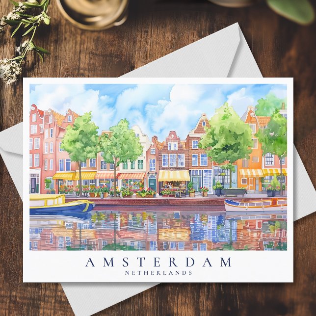Postal Amsterdam Canal & Boats Watercolor Travel (Amsterdam Canal & Boats Watercolor Travel Postcard)