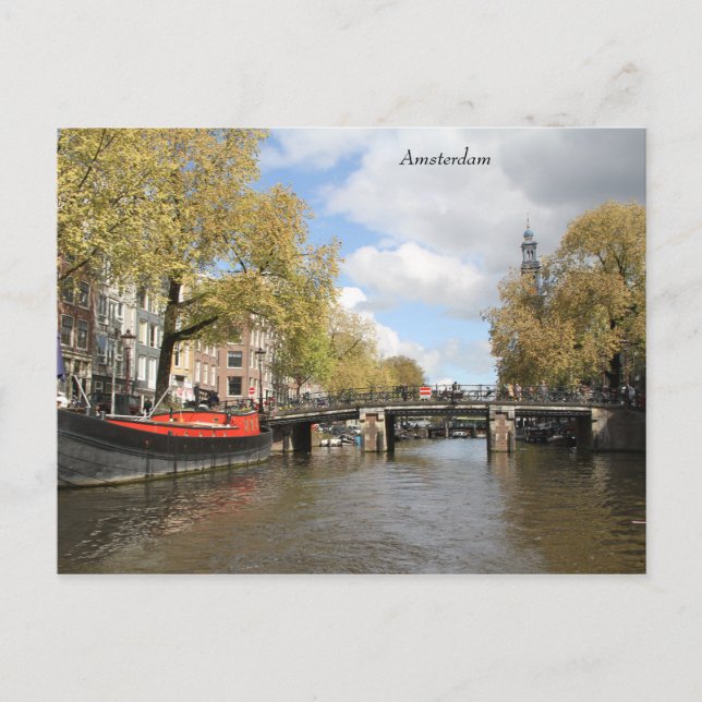 Postal Amsterdam, Canal, Puente, Houseboat, Iglesia Spire (Anverso)