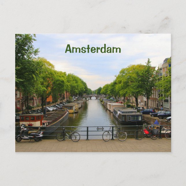 Postal Ámsterdam: Canal, puentes, bicicletas, barcos, Hol (Anverso)