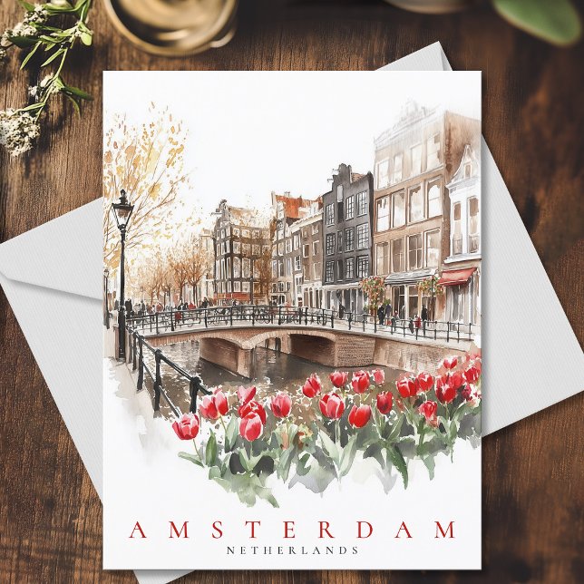 Postal Amsterdam Canal Red Tulips Watercolor Travel (Amsterdam Canal Red Tulips Watercolor Travel Postcard)