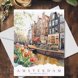 Postal Amsterdam Canal Spring Time Watercolor Travel