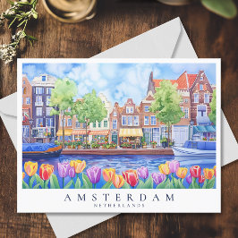 Postal Amsterdam Canal & Tulips Watercolor Travel