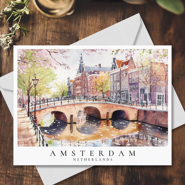 Postal Amsterdam Canal Watercolor Países Bajos Travel (Amsterdam Canal Watercolor Netherlands Travel Postcard)