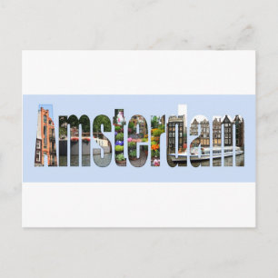 Postal Ámsterdam con vistas turísticas en letras