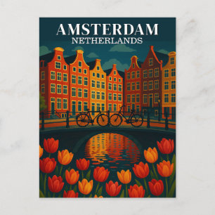 Postal Ámsterdam de Noche Bicicletas en Puente Flores