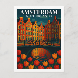 Postal Ámsterdam de Noche Flores & Bicicletas