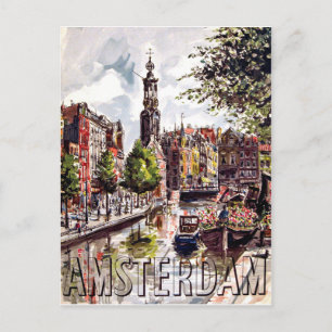 Postal Ámsterdam, edificios y puerto de la ciudad. Viaje
