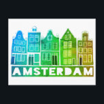 Postal Ámsterdam Holland Canal House Viajes Coloridos<br><div class="desc">Envía un mensaje con esta dulce y caprichosa tarjeta postal de arte de las casas de Ámsterdam. Puedes personalizar y cambiar o agregar texto también. Añade tu propio texto en la parte posterior. Revisa mi tienda por muchos más colores y patrones! Y más artículos a juego como totes, pegatinas, imanes,...</div>