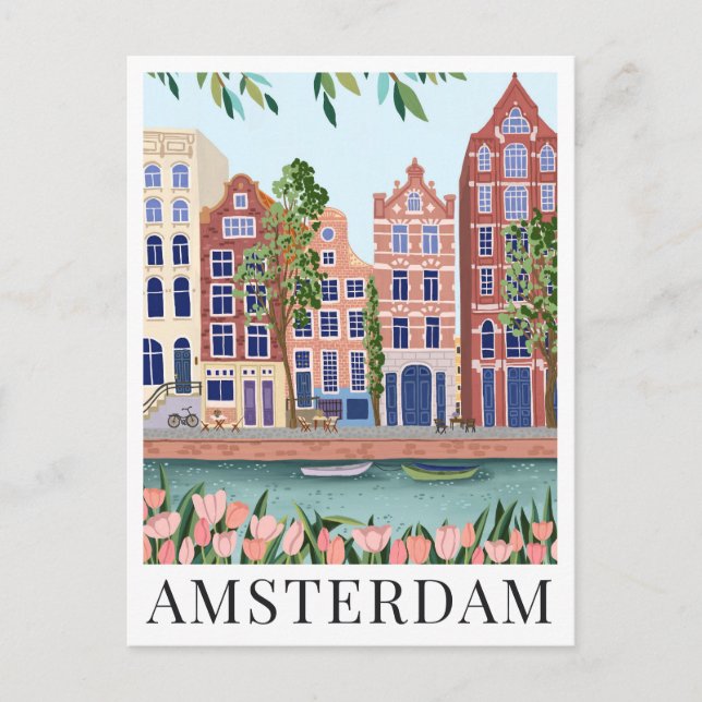 Postal Amsterdam Lakeside Town View Ilustracion de viajes (Anverso)