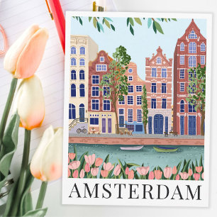 Postal Amsterdam Lakeside Town View Ilustracion de viajes